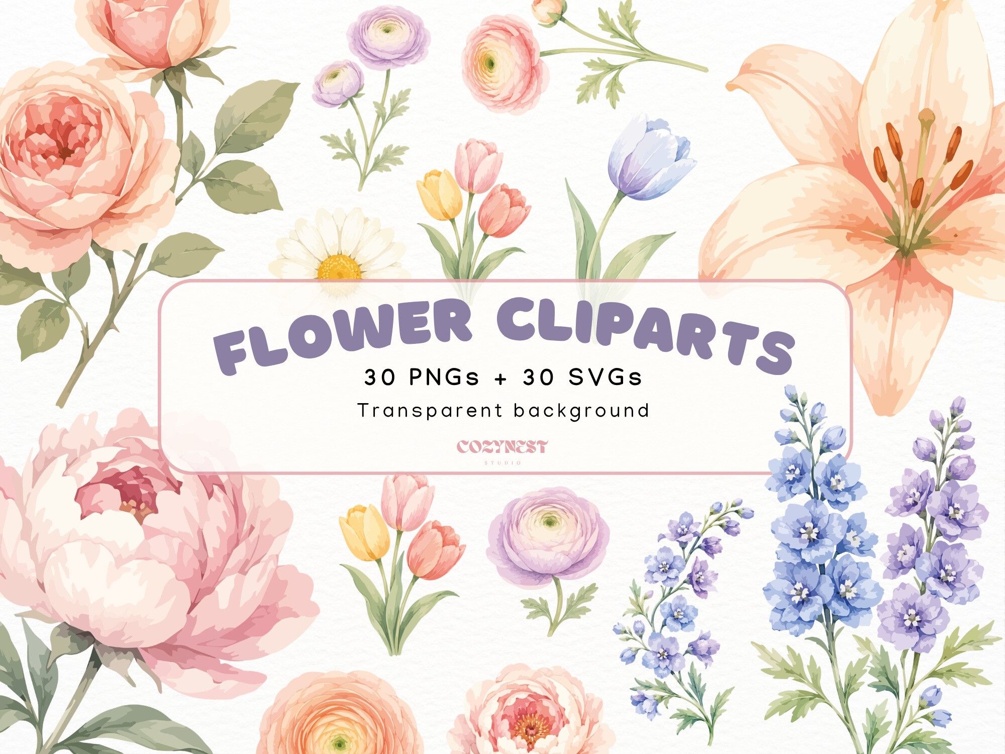 Flowers Watercolor Cliparts, Pastel PNG