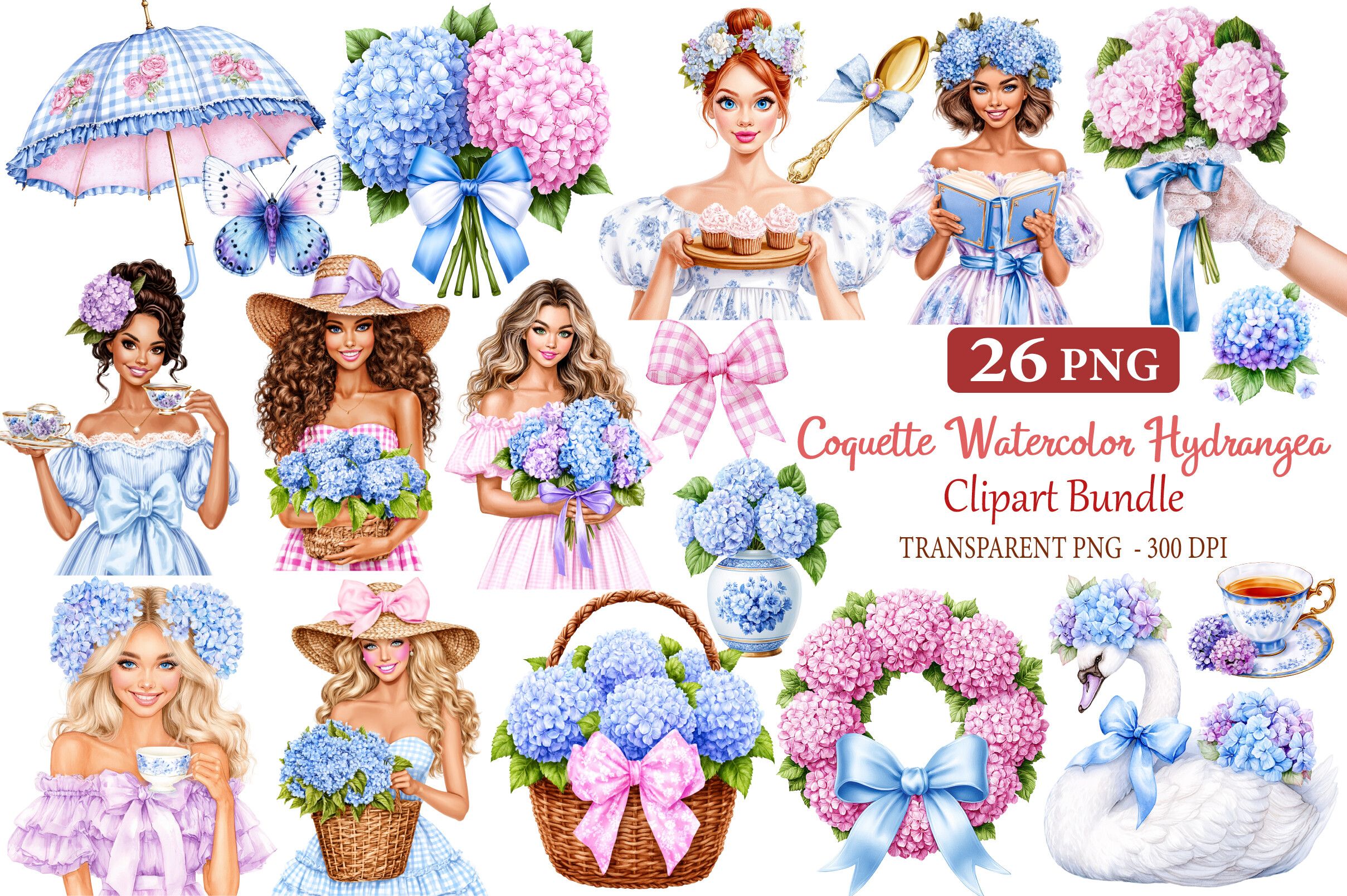 Coquette Watercolor Hydrangea Clipart