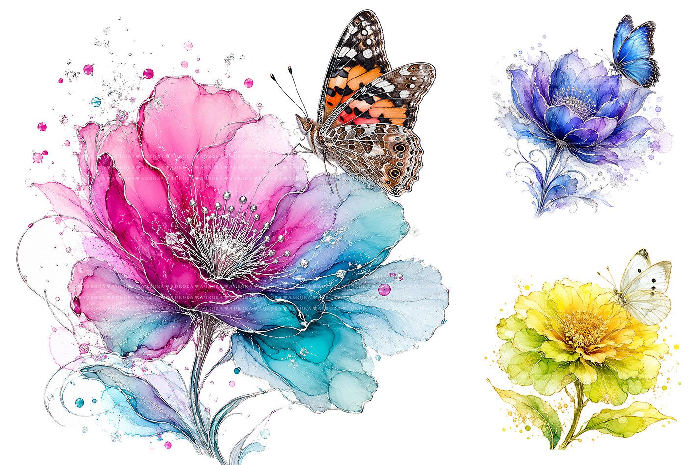 Alcohol Ink Flowers & Butterfly Clipart